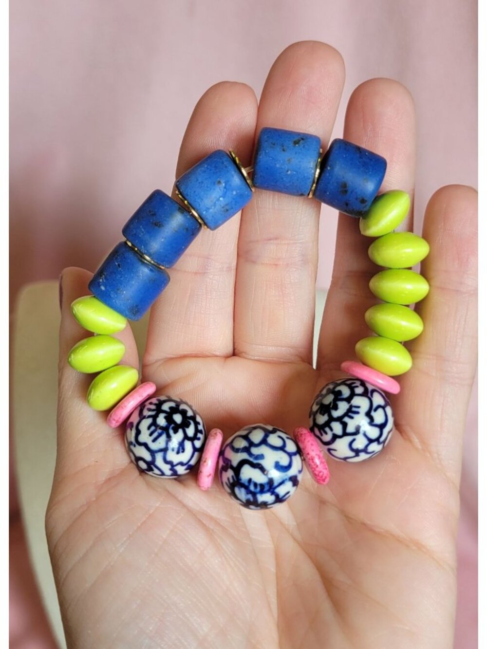 Colorful Green Blue pink Flower Glass Round Disk Beaded Stretch Bracelet B1A